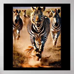 Vier Zebras laufen über die Savanne, während ein  Poster