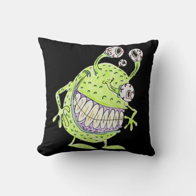 vieräugiges grünes Alien-Monster Kissen (Vorderseite)