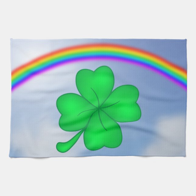 Vierblättriges Kleeblatt mit Regenbogen Küchentuch (Horizontal)