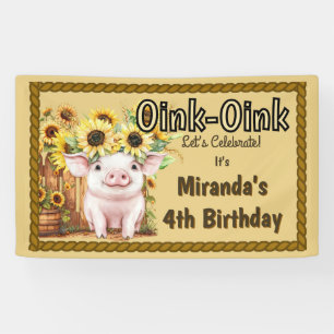 Vierder Geburtstag Bauernhof Schwein Sonnenblumen Banner