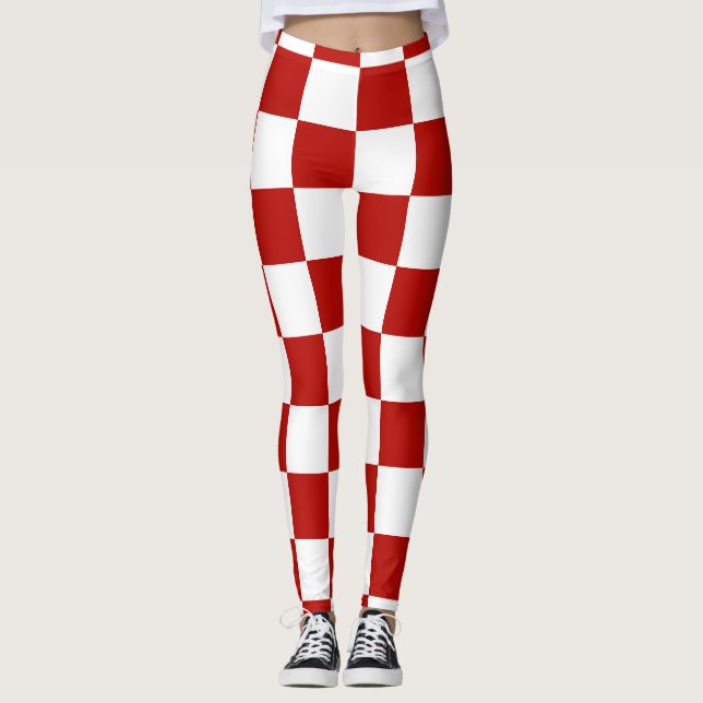 Viereck rotes, weißes Retro-Quadrat Leggings (Vorderseite)