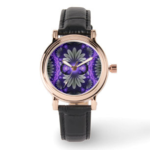 Viereckige schwarze Lederuhr mit lila Fraktal Armbanduhr