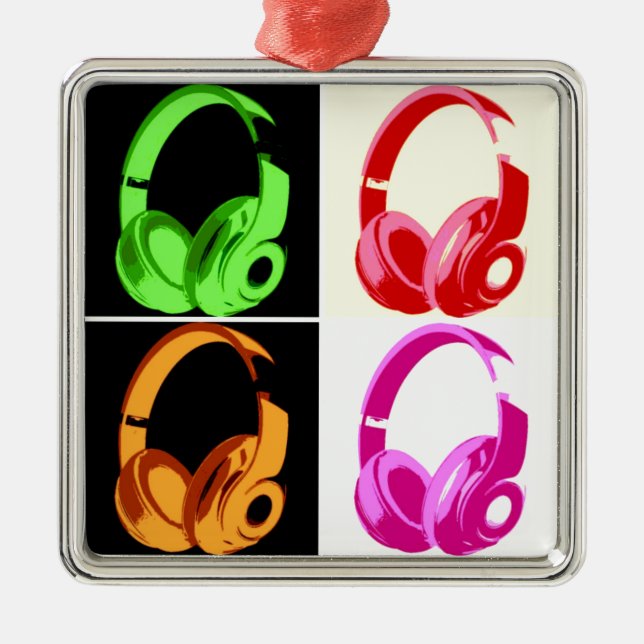 Vierfarbige Kopfhörer Pop Art Head Telefon Silbernes Ornament (Vorne)
