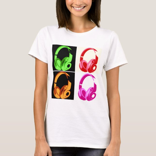 Vierfarbige Kopfhörer Pop Art Head Telefon T-Shirt (Vorderseite)