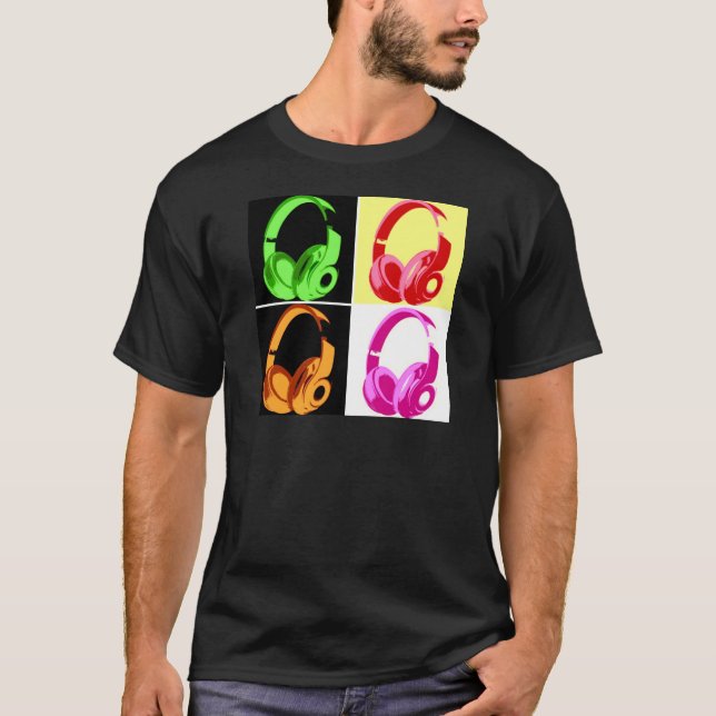 Vierfarbige Kopfhörer Pop Art Head Telefon T-Shirt (Vorderseite)
