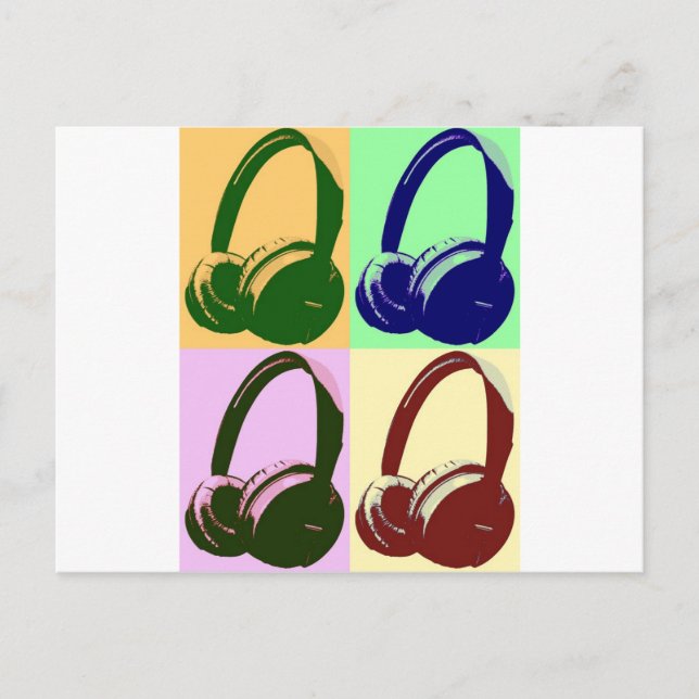 Vierfarbige Pop Art Kopfhörer Postkarte (Vorderseite)
