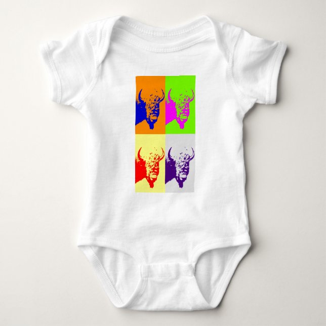 Vierfarbiger Pop Art Buffalo Bison Baby Strampler (Vorderseite)