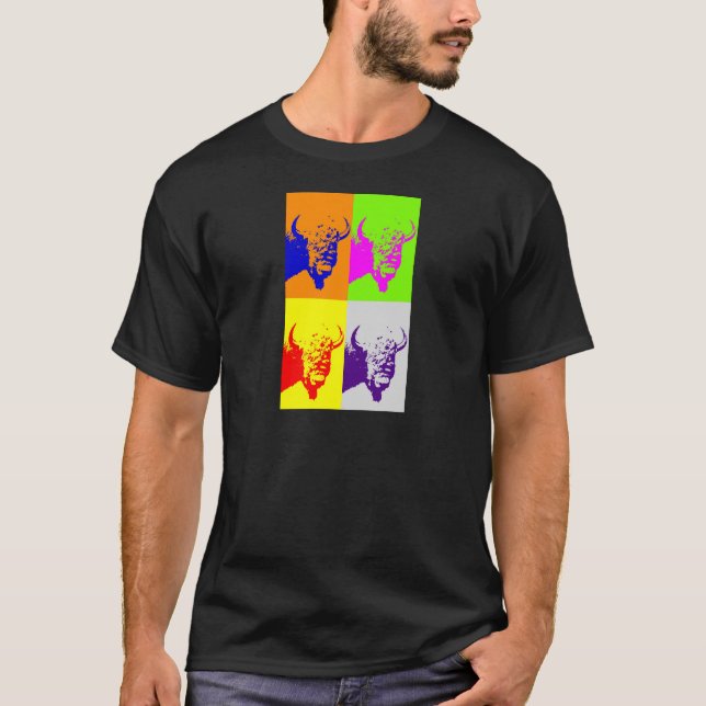Vierfarbiger Pop Art Buffalo Bison T-Shirt (Vorderseite)