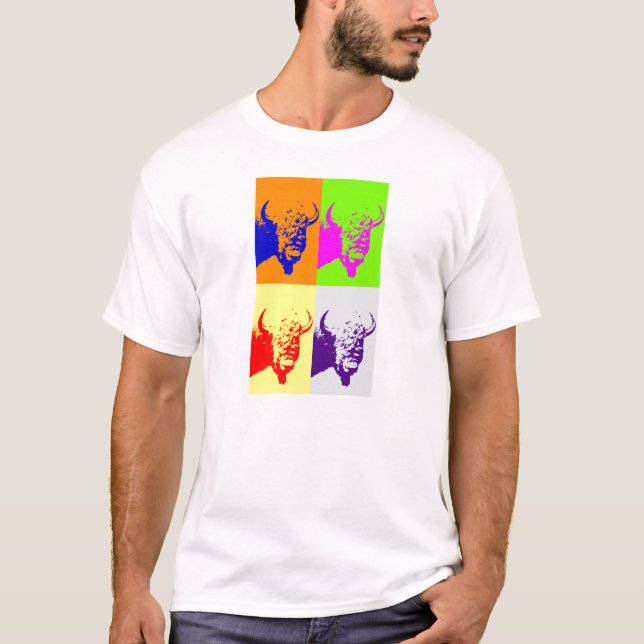Vierfarbiger Pop Art Buffalo Bison T-Shirt (Vorderseite)