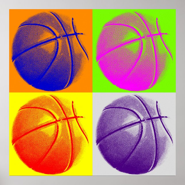 Vierfarbiges Pop Art Basketball Retrostil Poster (Vorne)