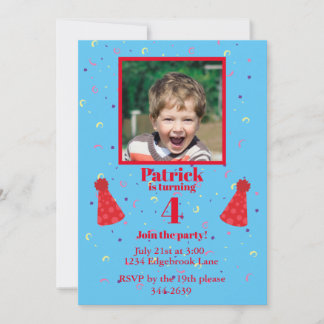 Vierjährige Konfetti auf der blauen Geburtstagspar Einladung
