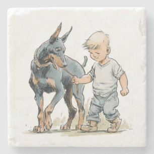Vierjähriger & Dobermann Vintage Bleistiftzeichn Steinuntersetzer