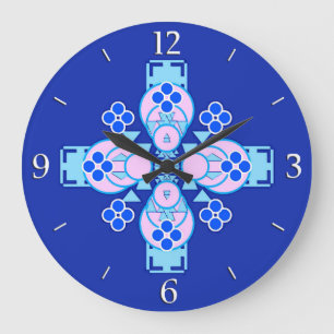 Vierpunkt Mandala - Orchideen, Blau und Kobalt Große Wanduhr