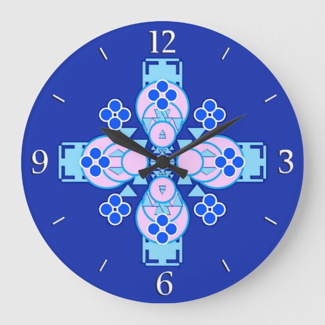 Vierpunkt Mandala - Orchideen, Blau und Kobalt Große Wanduhr (Vorderseite)