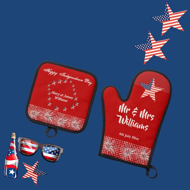 Vierte Juli Patriotic Mr. Modern Script Red Fun Ofenhandschuh & Topflappen-Set (Fourth July Patriotic Mr Mrs Modern Script Red Fun Oven Mitt & Pot Holder Set)