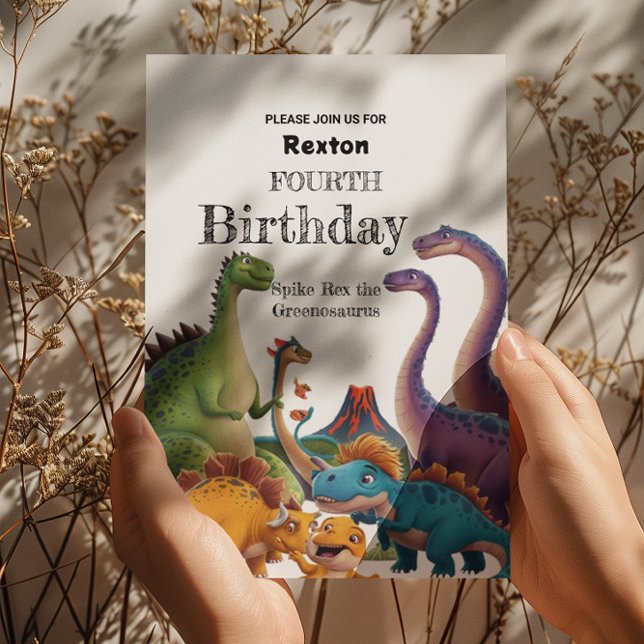 Vierte Kinder Dinosaurier Geburtstagsparty Einladu Postkarte (Von Creator hochgeladen)