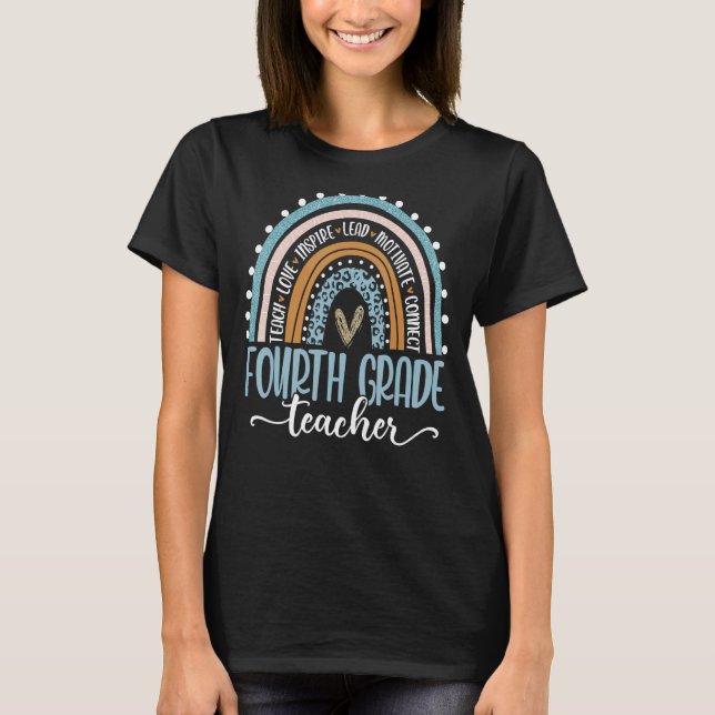 Vierte Klasse Lehrer Leopard Boho Rainbow zurück T-Shirt (Vorderseite)