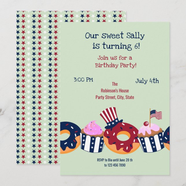 Vierte Sweet Birthday Girl Party Einladung Juli (Vorne/Hinten)