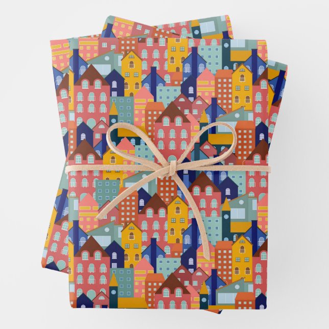 Viertel Block Stadt Häuser Muster Geschenkpapier Set (Beispiel)