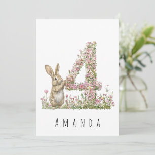 Vierter Geburtstag Floral Vier und Häschenkarte Einladung