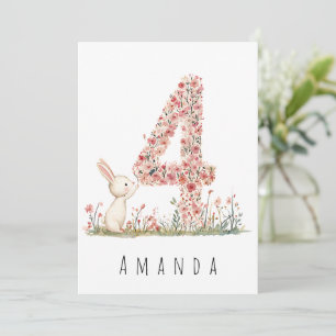 Vierter Geburtstag Floral Vier und Weißes Häschen Einladung
