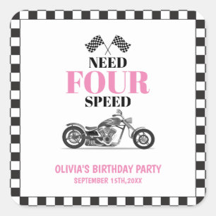 Vierter Geburtstag: Need Four Speed Pink Heavy Bik Quadratischer Aufkleber