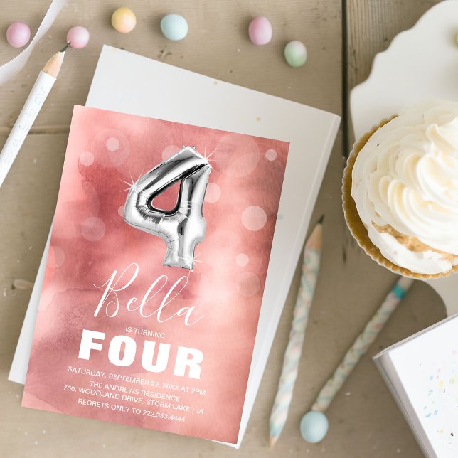 Vierter Geburtstag Silver Ballon | Rosa Party Einladung (Von Creator hochgeladen)