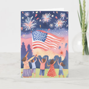 Vierter Juli Feuerwerk   Wasserfarbe USA Feiertag Feiertagskarte