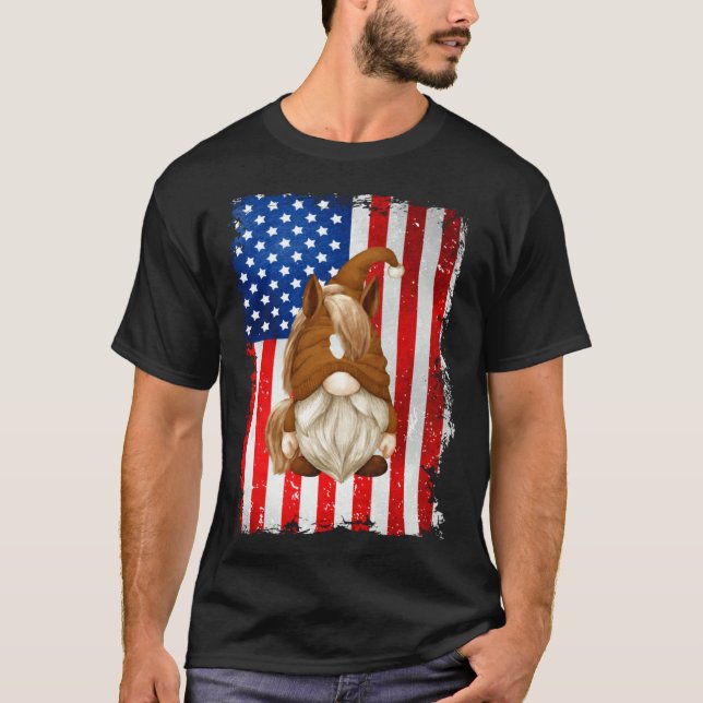 Vierter Juli Gnom Grafik Patriotisches Pferd Ameri T-Shirt (Vorderseite)
