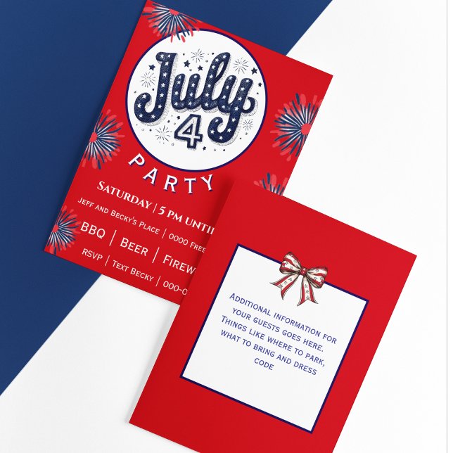 Vierter Juli mit Feuerwerk in Rot, Weiß und Blau  (Fully customize the front and back of your Fourth of July party invitation)