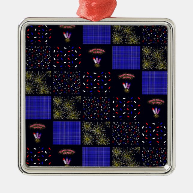Vierter Juli-Patchwork-Muster - 4. Juli Ornament Aus Metall (Vorne)