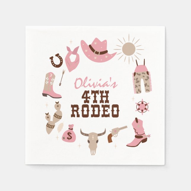 Vierter Rodeo Pink Western Cowboy 4. Geburtstag Serviette (Vorderseite)