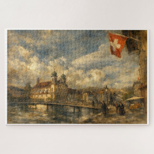 Vierwaldstättersee Schweizer Flagge & Jesuitenkirc Puzzle (Horizontal)