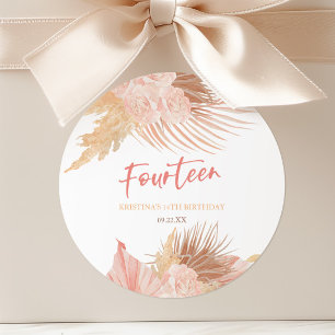 Vierzehn Boho Rosa Floral 14. Geburtstagsfeier Runder Aufkleber