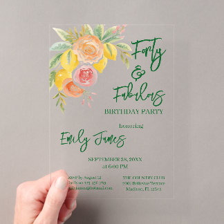 Vierzig 40. Geburtstag Blumen-Einladung für Frau Acryleinladungen