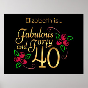 Vierzig Fabelhafte Gold-Schwarze-Rosen Geburtstag Poster