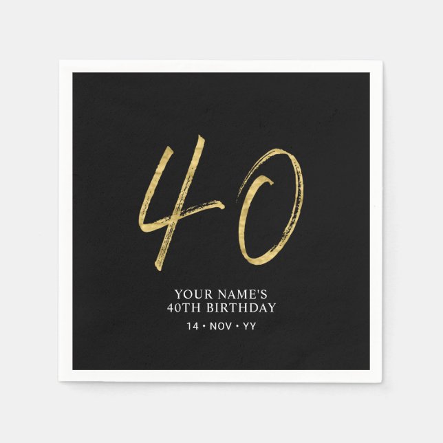 vierzig | Gold & Black Lettering 40. Geburtstag Pa Serviette (Vorderseite)