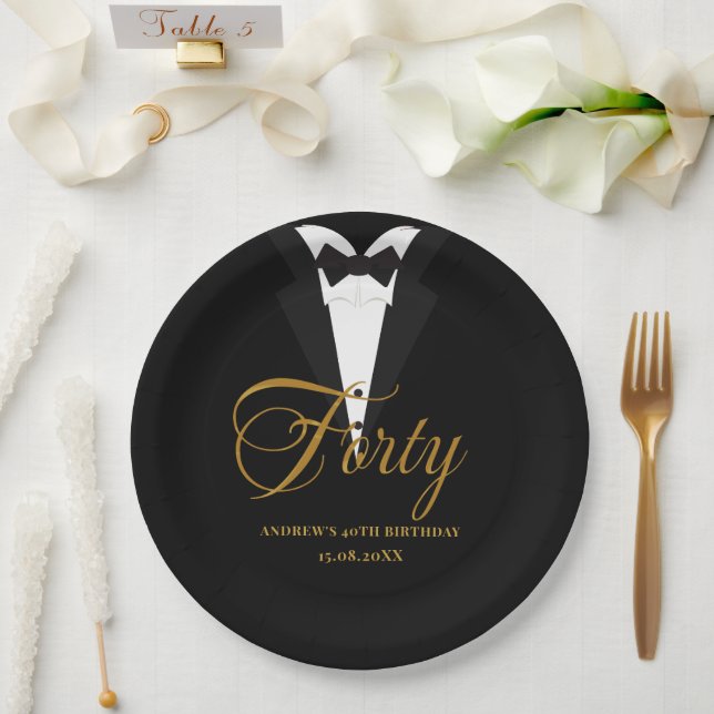 vierzig | Gold & Black Lettering 40. Geburtstag Pappteller (Hochzeit)