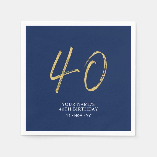 vierzig | Gold & Navy Blue Lettering 40. Geburtsta Serviette (Vorderseite)