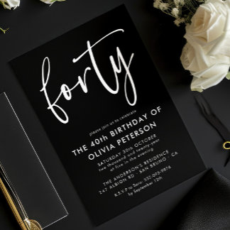 vierzig | Moderne 40. White on Black Birthday Part Einladung