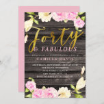 Vierzig und fabelhaftes rosa einladung<br><div class="desc">Elegante Geburtstags-Party Einladung für die Dame, die 40 dreht! Handgemalter Watercolor mit Blumen (von der Magnolie und von der Kamelie) in rosa und in Sahne um die Karte mit Imitatgoldtext, der sagt "vierzig u. fabelhaft." Der Hintergrund ist eine hölzerne Beschaffenheit. Fertigen Sie diese Schablone einladen Karte besonders an, indem Sie...</div>