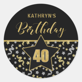 Vierzigste Birthday Black and Gold Confetti Runder Aufkleber