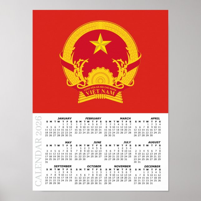 Vietnam 2026 Calendar, Large, Vietnamese Flag Poster (Vorne)