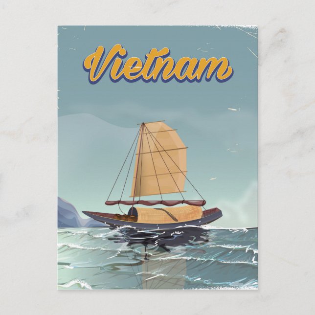 Vietnam Fischerboot Vintage Reiseplakat Postkarte (Vorderseite)