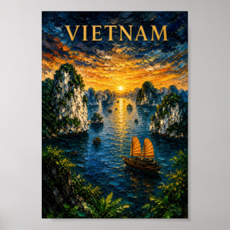 Vietnam: Golden Sunset Halong Bay Art Souvenir Poster