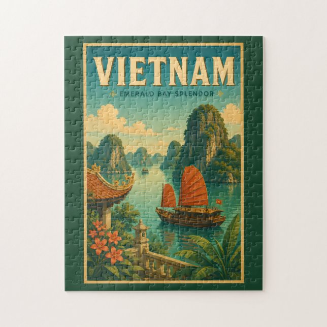Vietnam-Ha-Long-Bucht-Illustration-Reise-Kunst-Ret Puzzle (Vertikal)