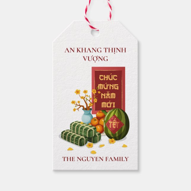 Vietnamese Tet Banh Chung Watermelon & Hoa Mai Geschenkanhänger (Vorderseite)