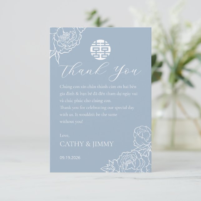 Vietnamese Wedding Peony Dusty Blue Thank You Card Dankeskarte (Stehend Vorderseite)