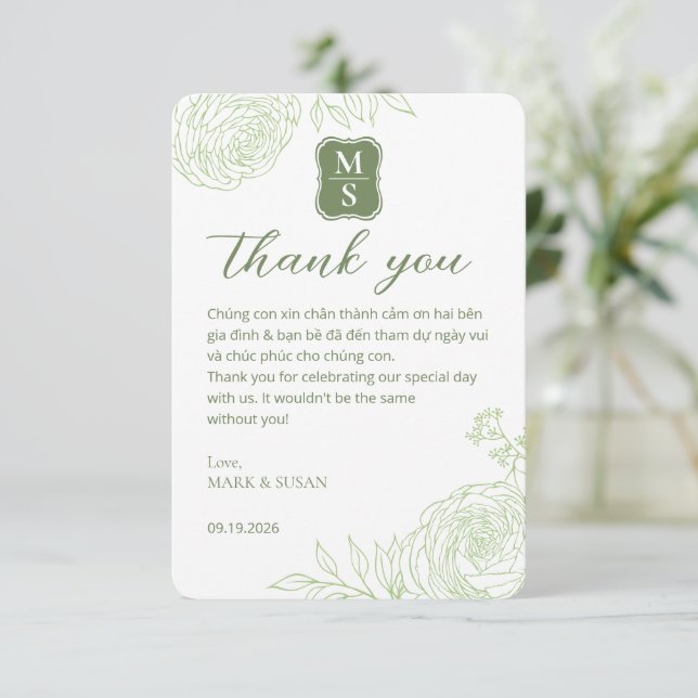 Vietnamese Wedding Ranunculus Green Thank You Card Dankeskarte (Stehend Vorderseite)