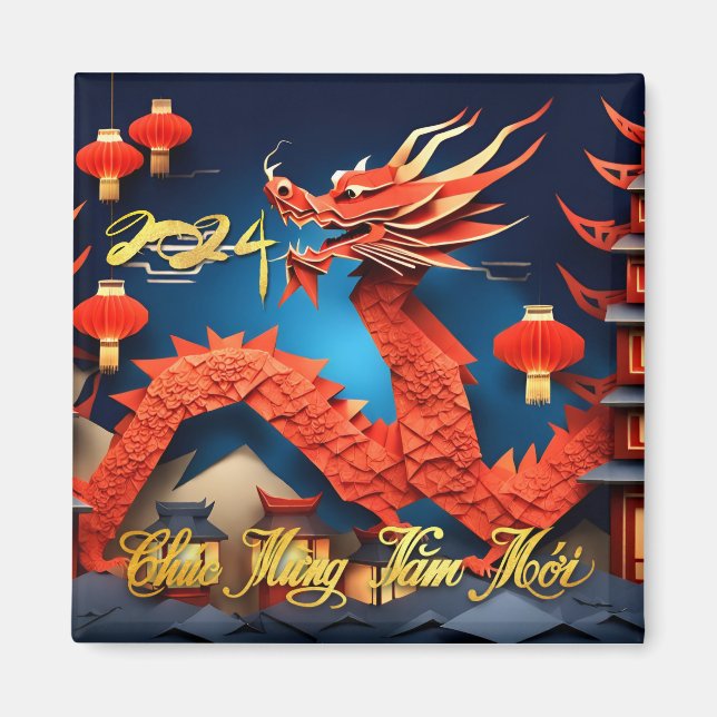 Vietnamesischer Drache Neujahr 2024 Origami SqM Magnet (Vorne)